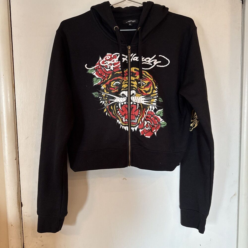 Ed Hardy Black Tiger Rose Zip Up Hoodie Tattoo Graphic Cropped Sweatshirt | XL
